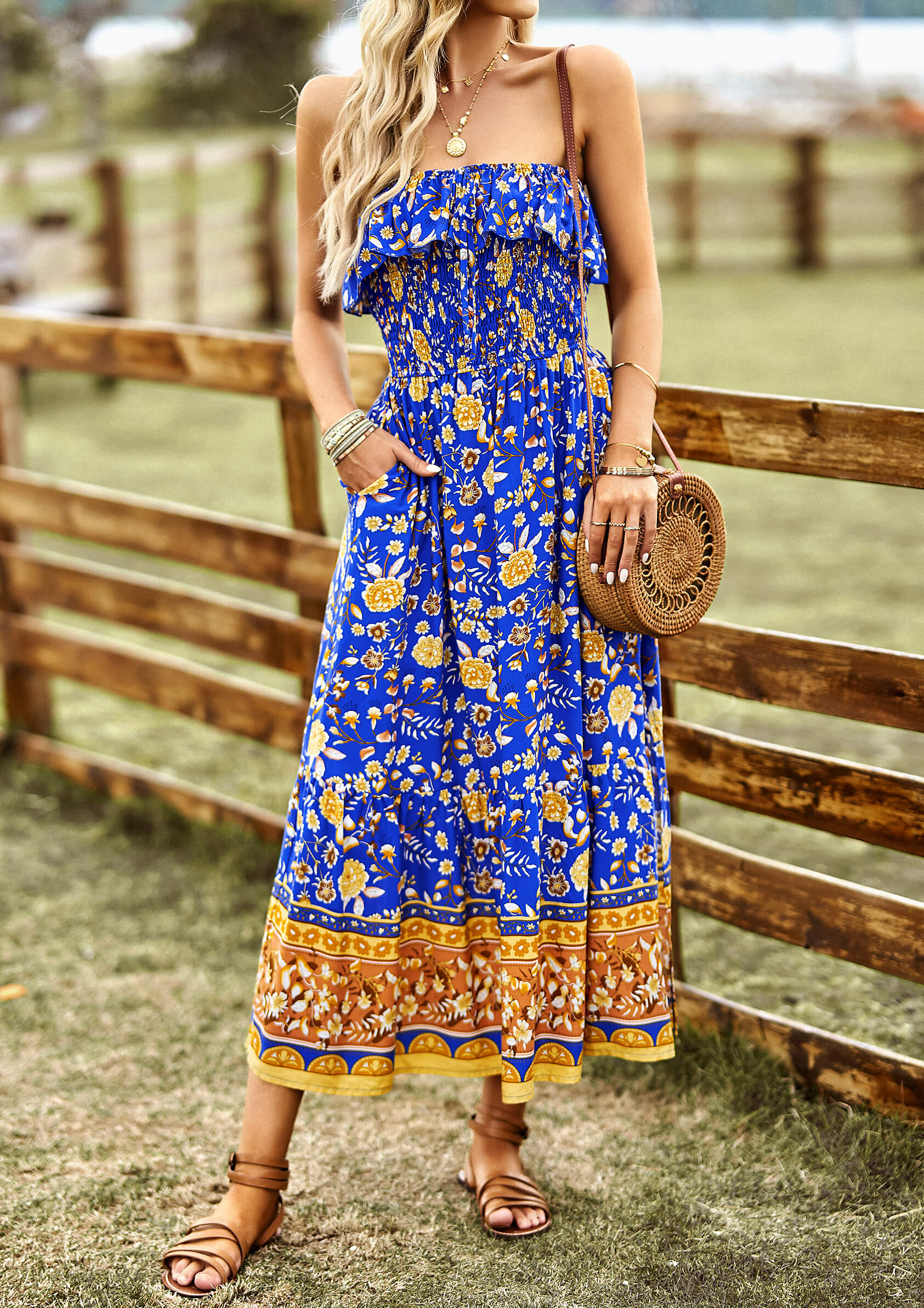 MARISA FLORAL OFF THE SHOULDER MAXI DRESS - BLUE