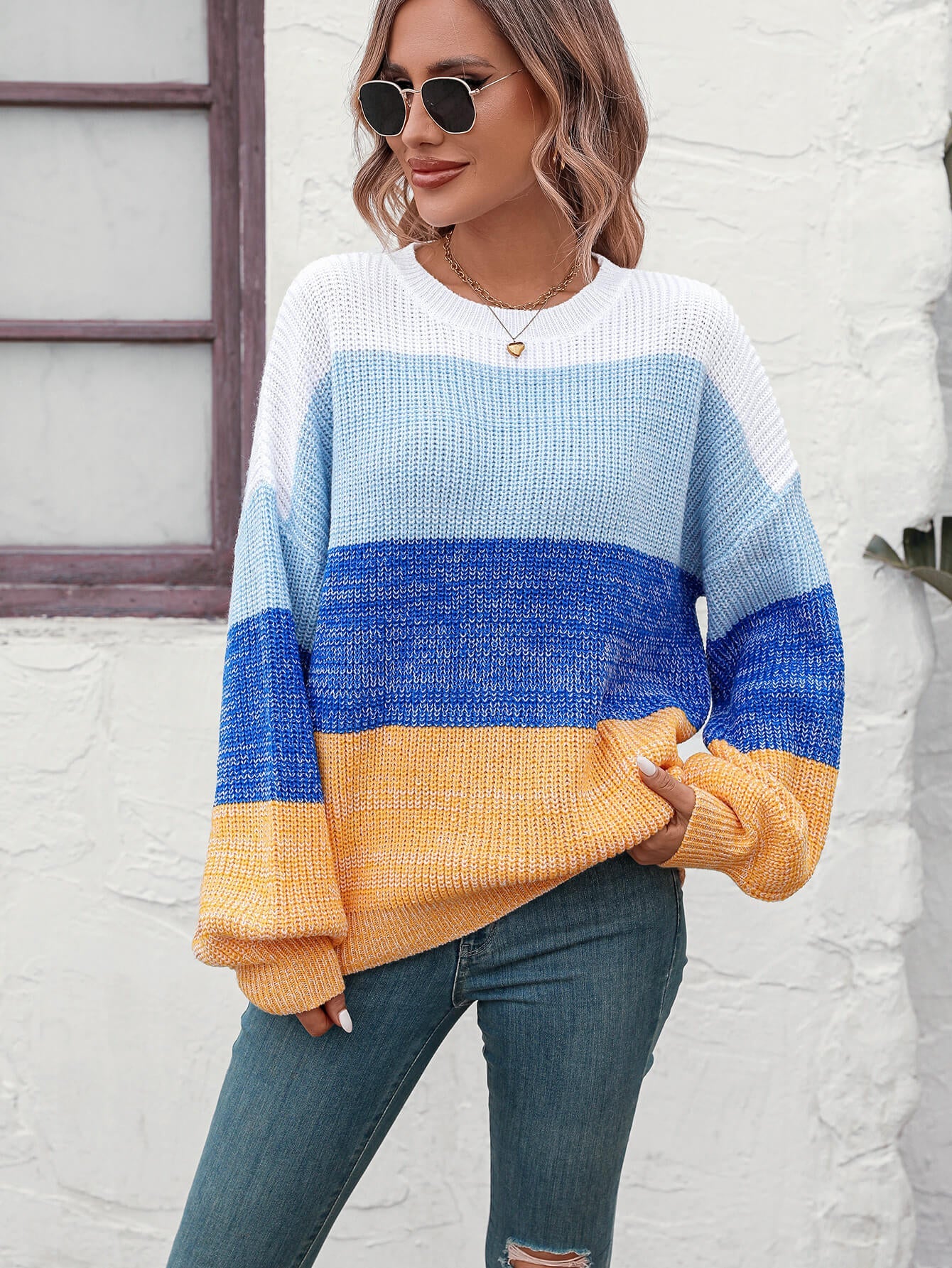 Milton Contrast Striped Pullover Sweater - Blue