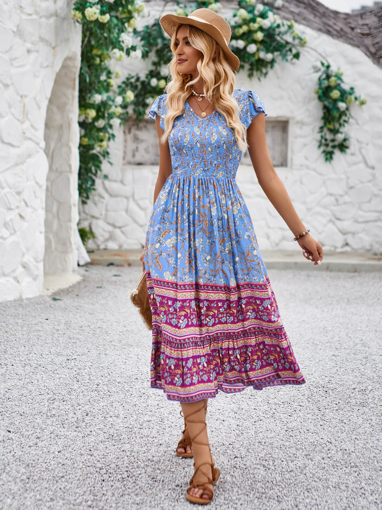 Ashlyn V-Neck Tiered Midi Dress - Blue