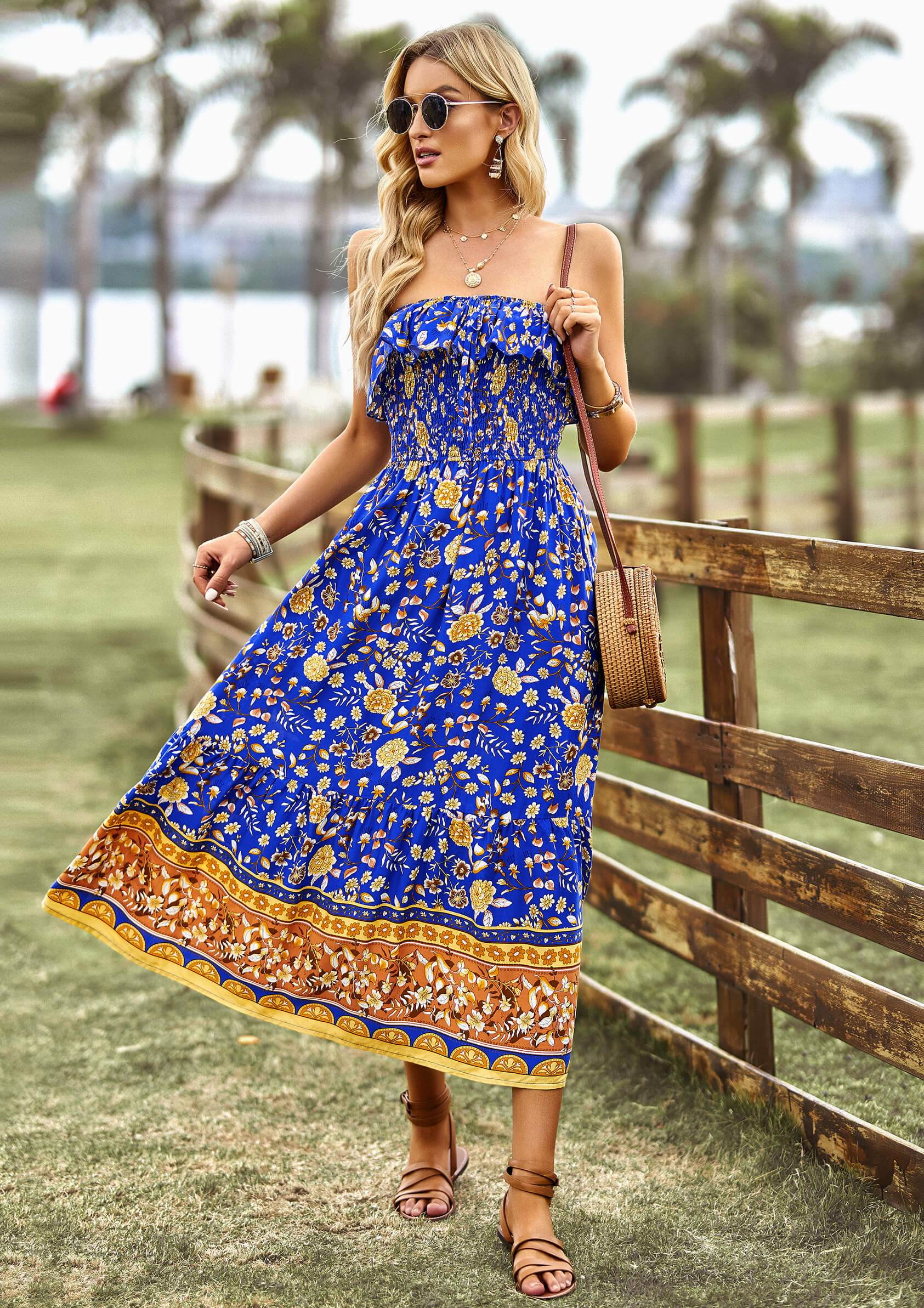 MARISA FLORAL OFF THE SHOULDER MAXI DRESS - BLUE