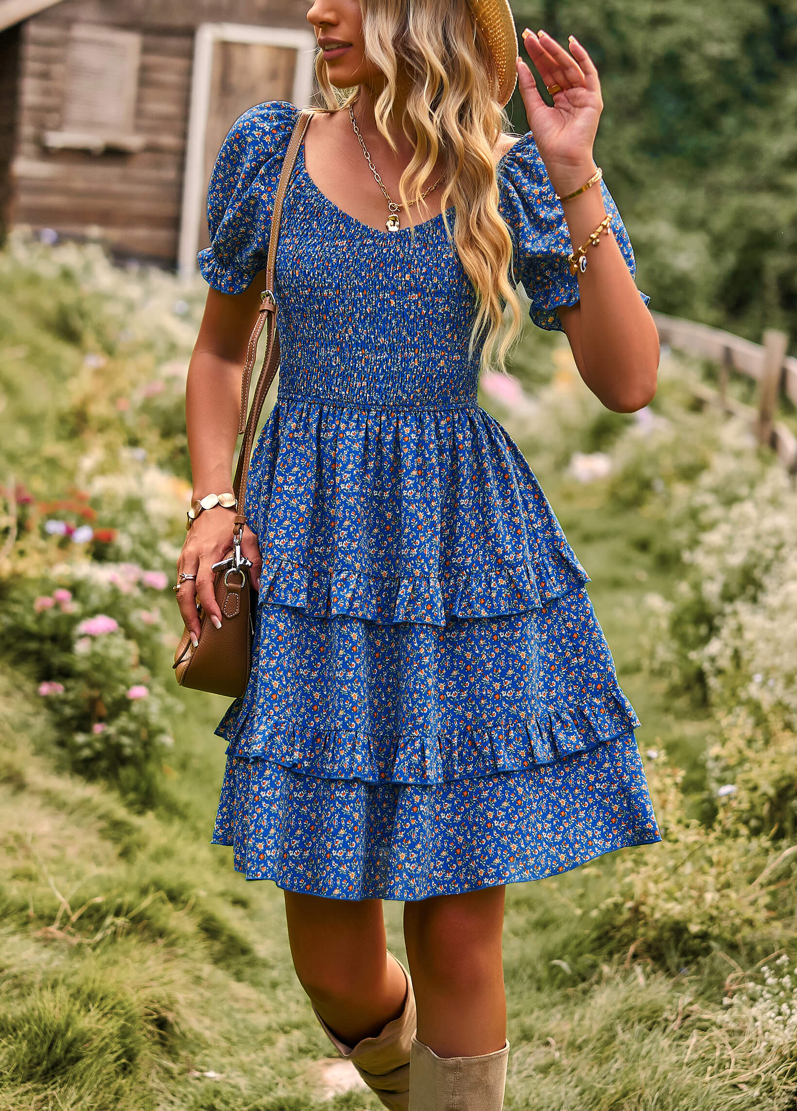 MOMENT IN DAISY SMOCKED MINI DRESS - BLUE