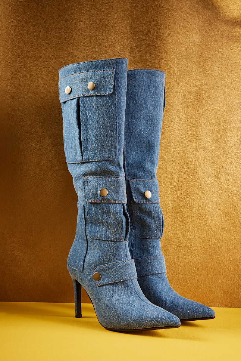 Jady Rose | Briston Knee High Cargo Denim Boots - Blue