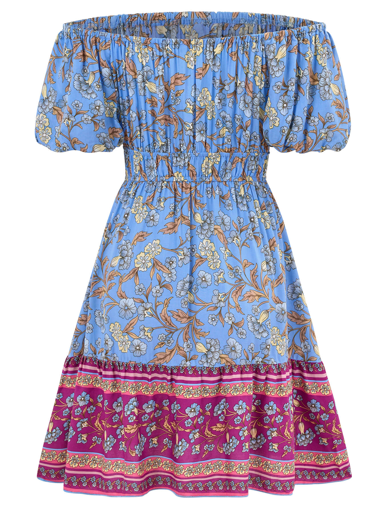 Ashlyn Off-Shoulder Boho Mini Dress - Blue