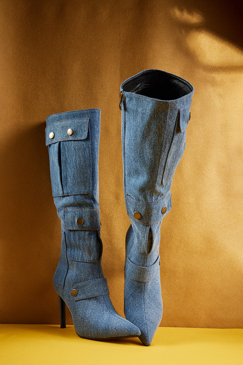 Jady Rose | Briston Knee High Cargo Denim Boots - Blue