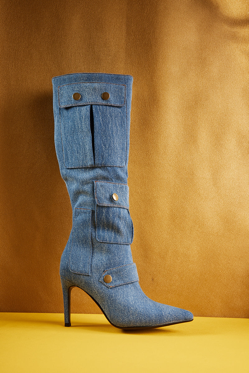 Jady Rose | Briston Knee High Cargo Denim Boots - Blue