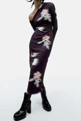 Blurry Floral Printed Long Sleeve Gathered Mesh Maxi Dress - Purple