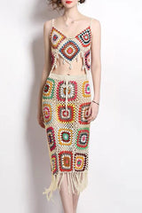 Boho Chic Fringe Granny Square Crochet Knit Two Piece Midi Dress - Apricot