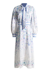 Boho Chic Tie Neck Lace Trim Lantern Sleeve Vacation Floral Print Midi Dress