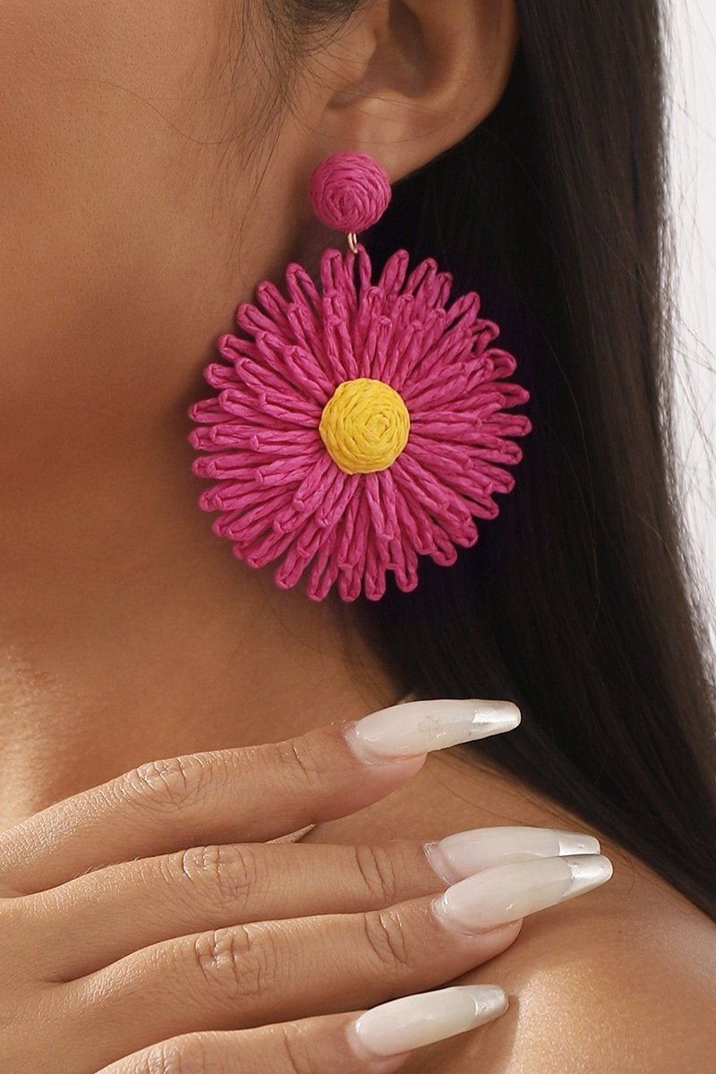 Boho Raffia Sunflower Drop Earrings