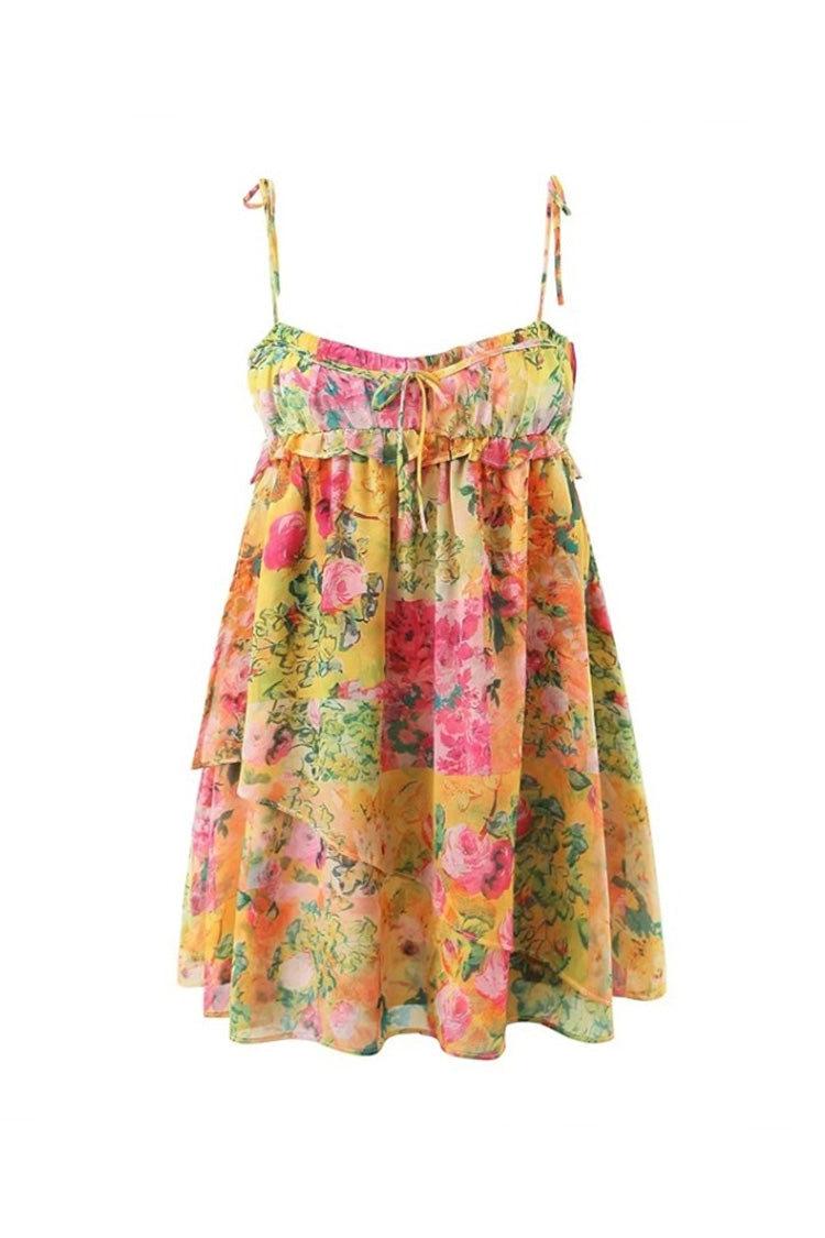 Boho Style Bow Tie High Rise Floral Printed Summer Babydoll Mini Sundress