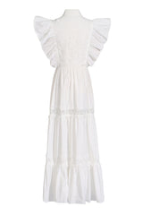 Breezy Collared Ruffle Sleeve Guipure Lace Tiered Beach Vacation Maxi Dress