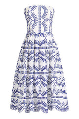 Breezy Smocked Strapless Broderie Anglaise Beach Vacation Midi Dress