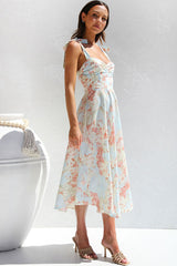 Breezy Tie Strap Fit & Flare Floral Printed Summer Midi Sundress - Light Blue