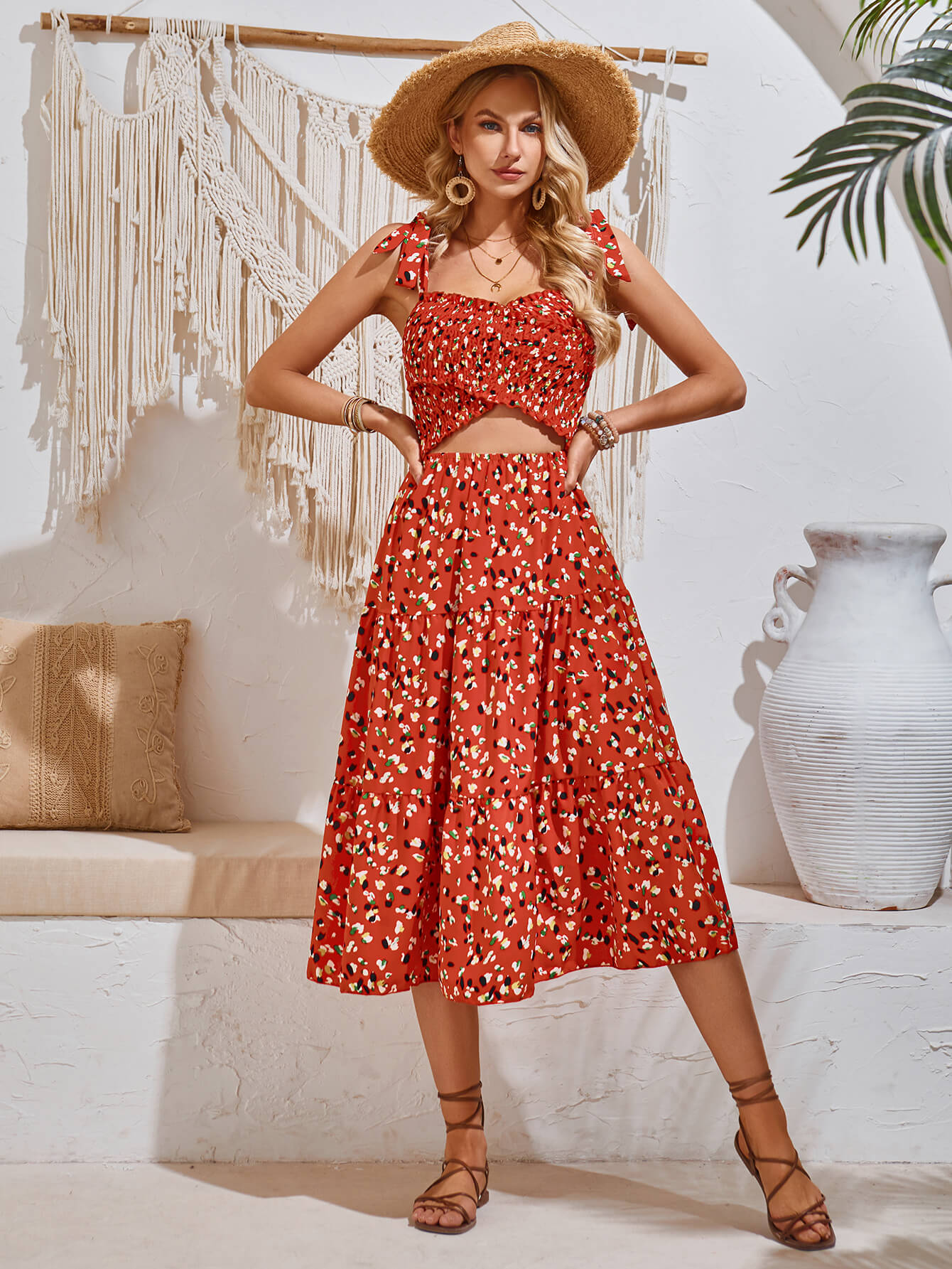 Timeless Beauty Cutout Floral Midi Dress - Brick