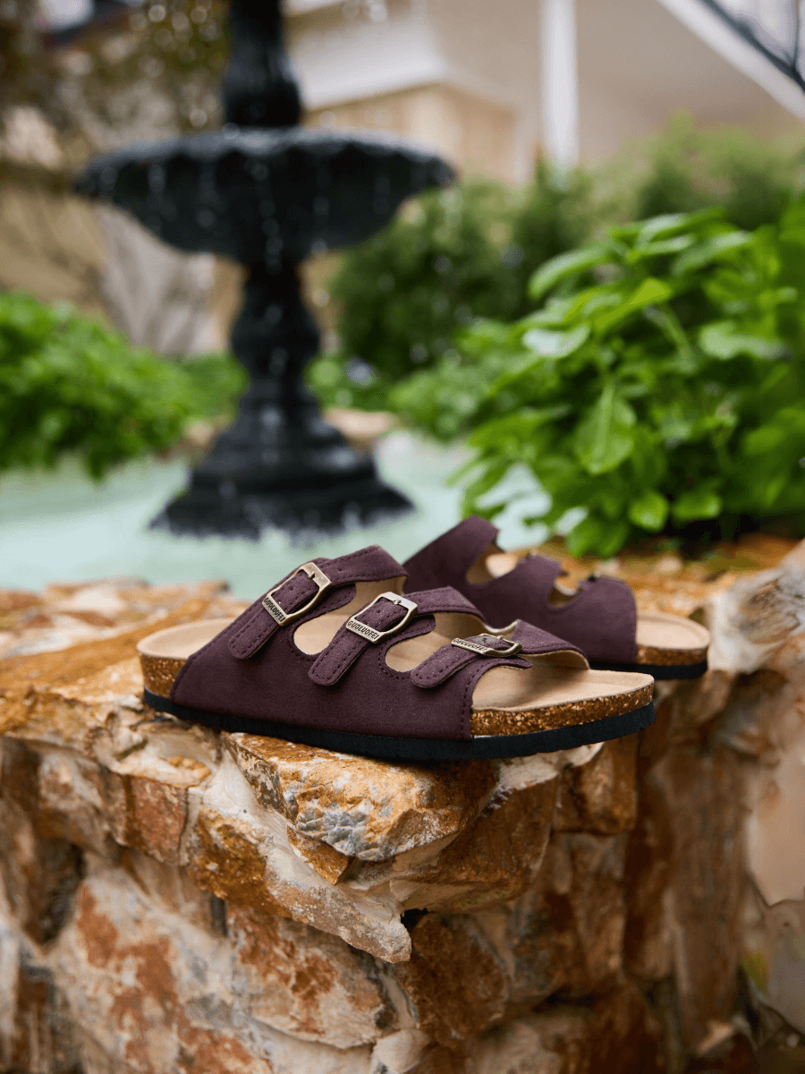 Maibulun | Signature Tri Strap Suede Footbed Sandal - Brown