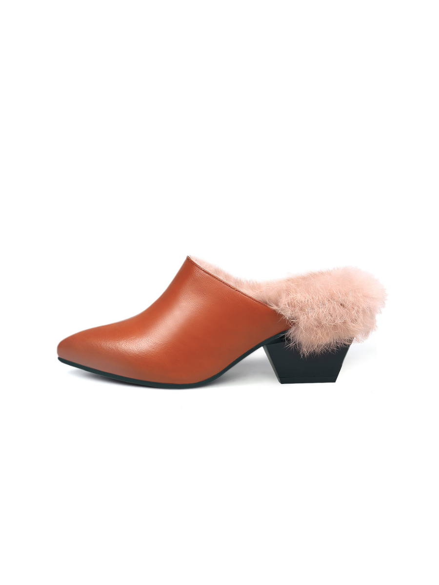 JADY ROSE | FAUX FUR LINED POINTED LEATHER MULE - BROWN