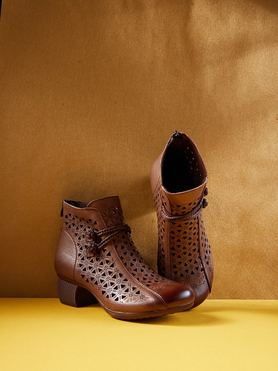 Rumour Has It | Snowflake Perforated Upper Leather Boots - Brown