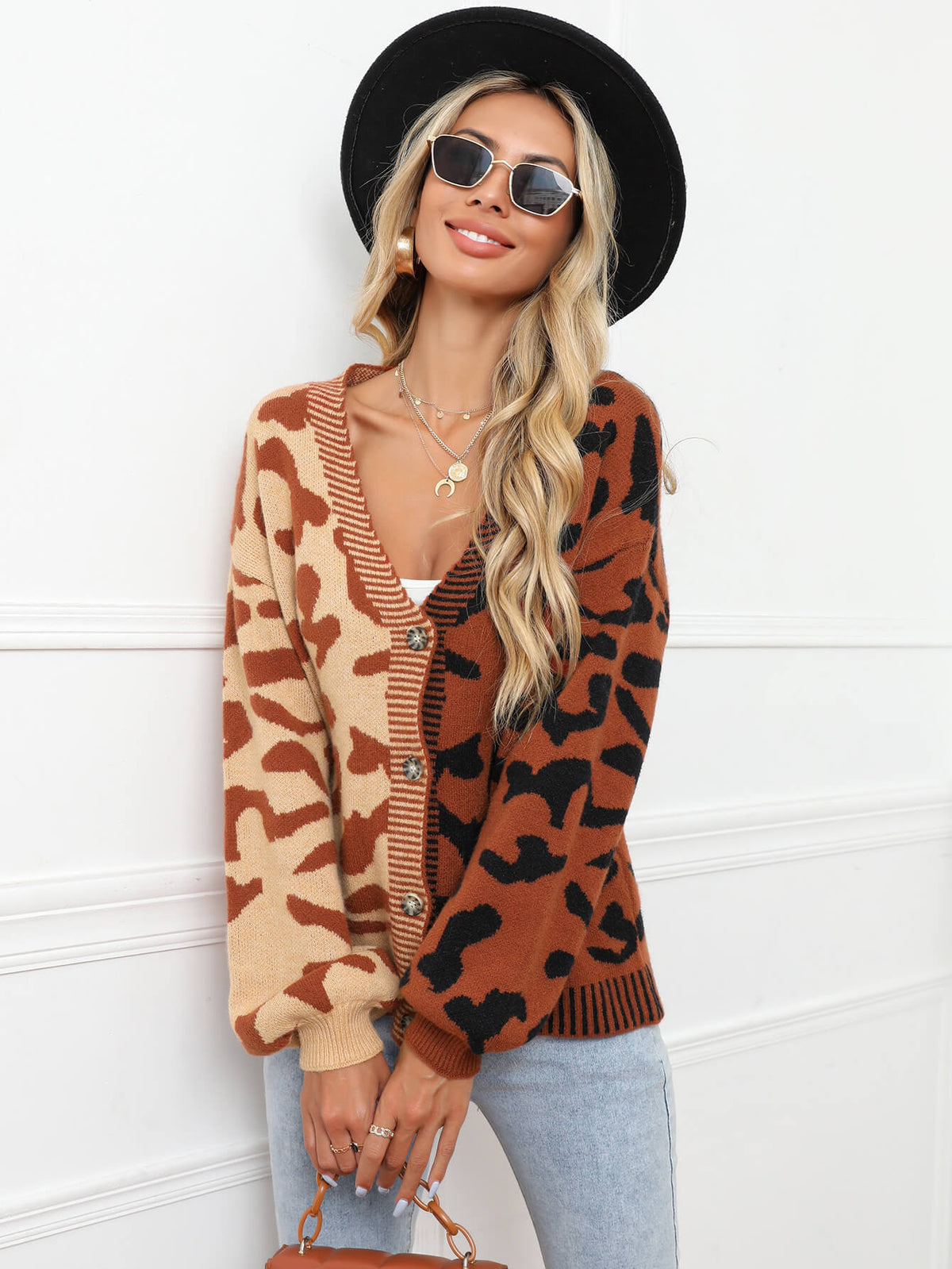 Janelle Leopard Button Up Knit Cardigan - Brown