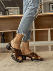 Jady Rose | Veronica Puffy Cross-Strap Leather Sandal - Brown