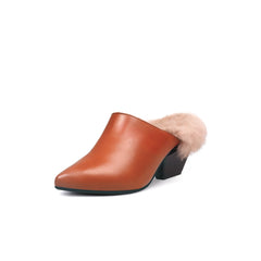 JADY ROSE | FAUX FUR LINED POINTED LEATHER MULE - BROWN