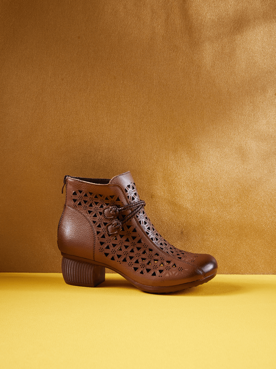 Rumour Has It | Snowflake Perforated Upper Leather Boots - Brown