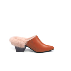 JADY ROSE | FAUX FUR LINED POINTED LEATHER MULE - BROWN