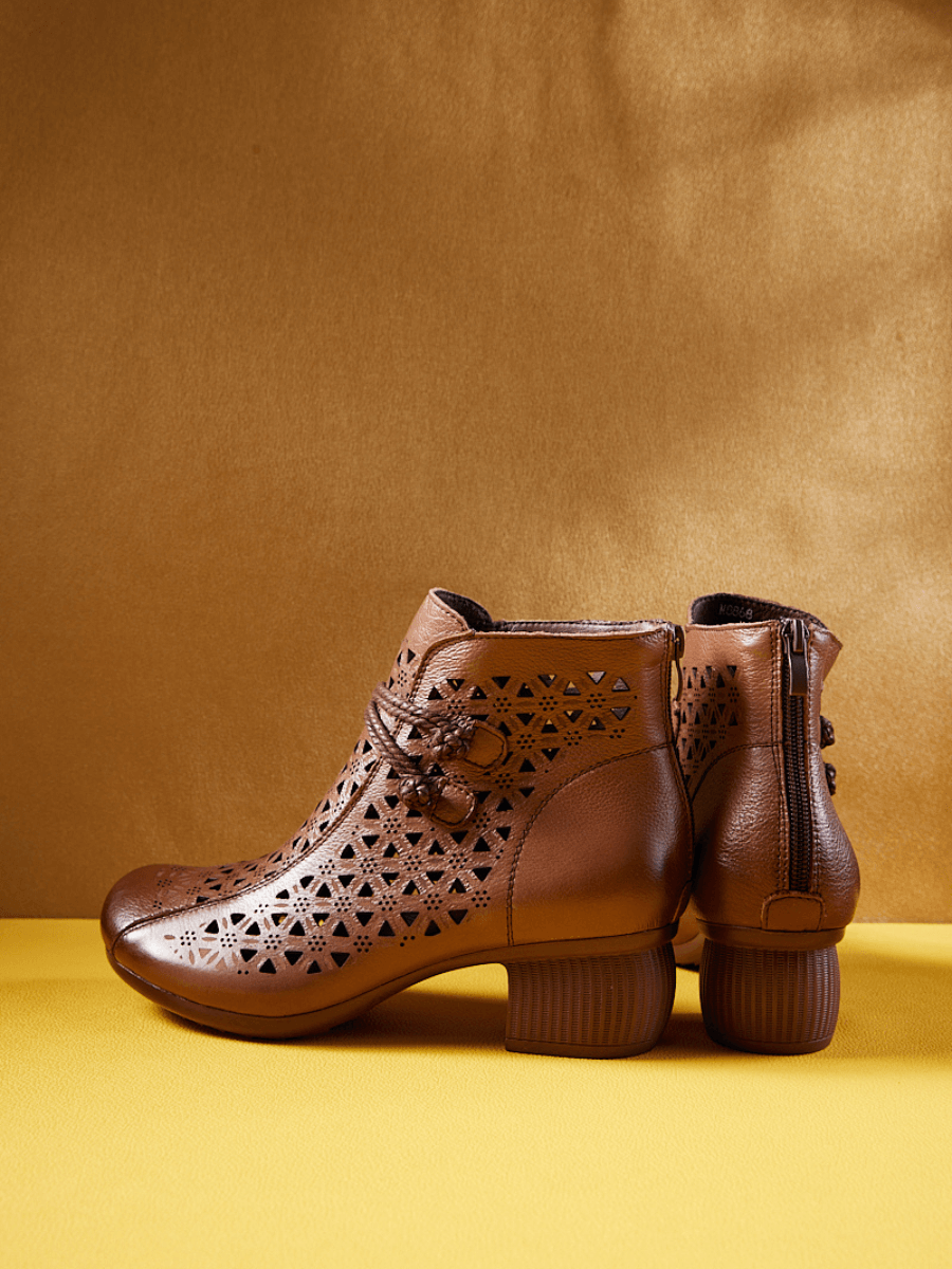 Rumour Has It | Snowflake Perforated Upper Leather Boots - Brown