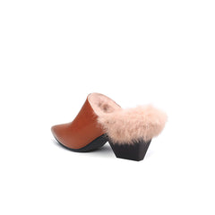 JADY ROSE | FAUX FUR LINED POINTED LEATHER MULE - BROWN