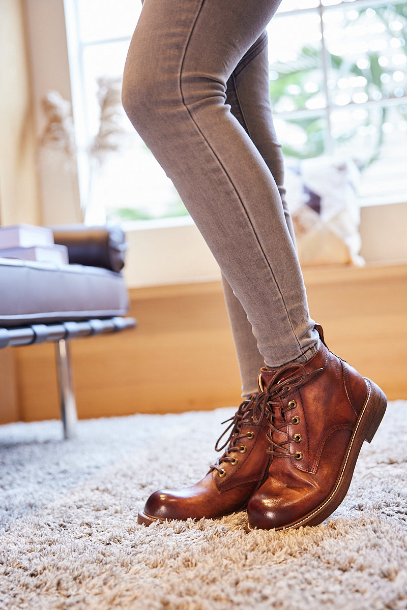 Rumour Has It | Jossie Leather Lace Up Combat Boot - Brown