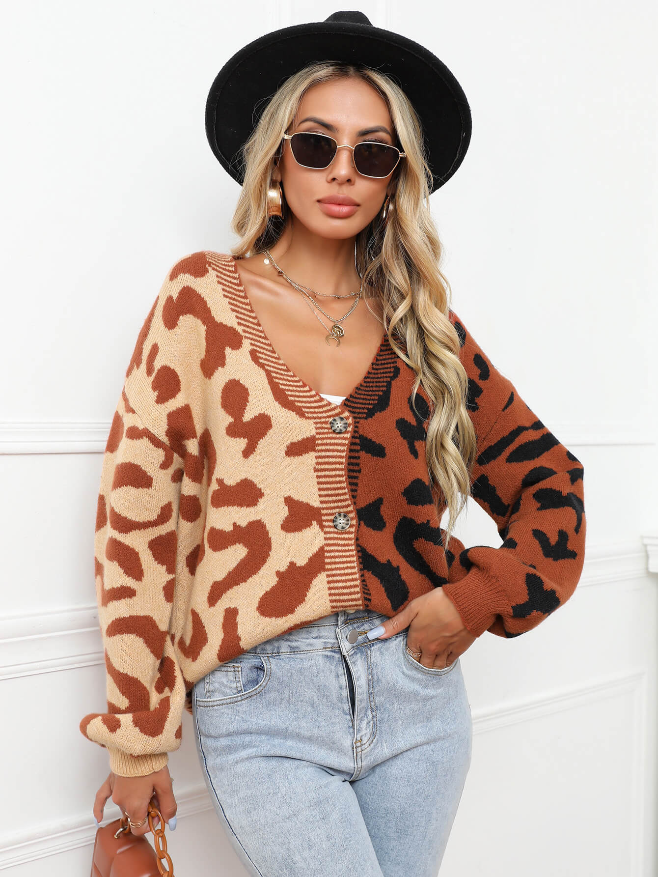 Janelle Leopard Button Up Knit Cardigan - Brown