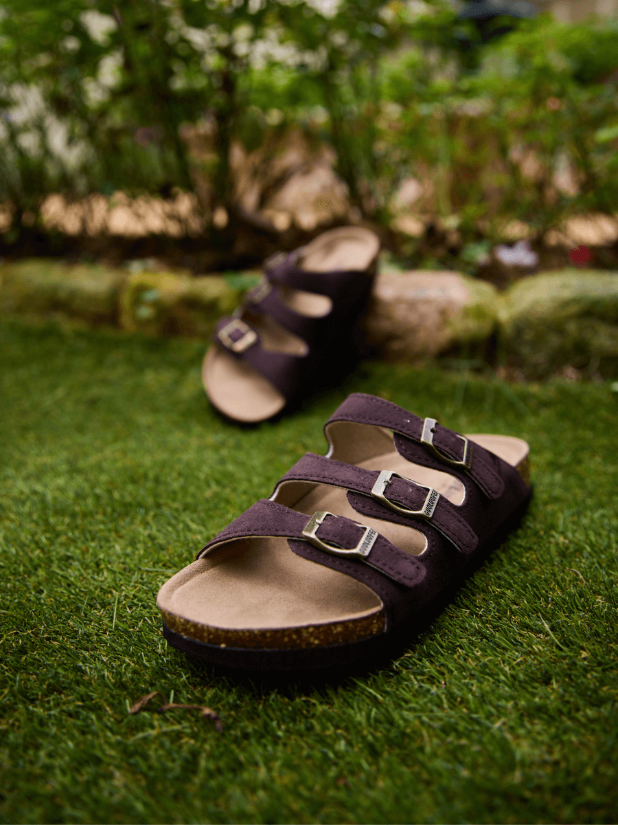 Maibulun | Signature Tri Strap Suede Footbed Sandal - Brown