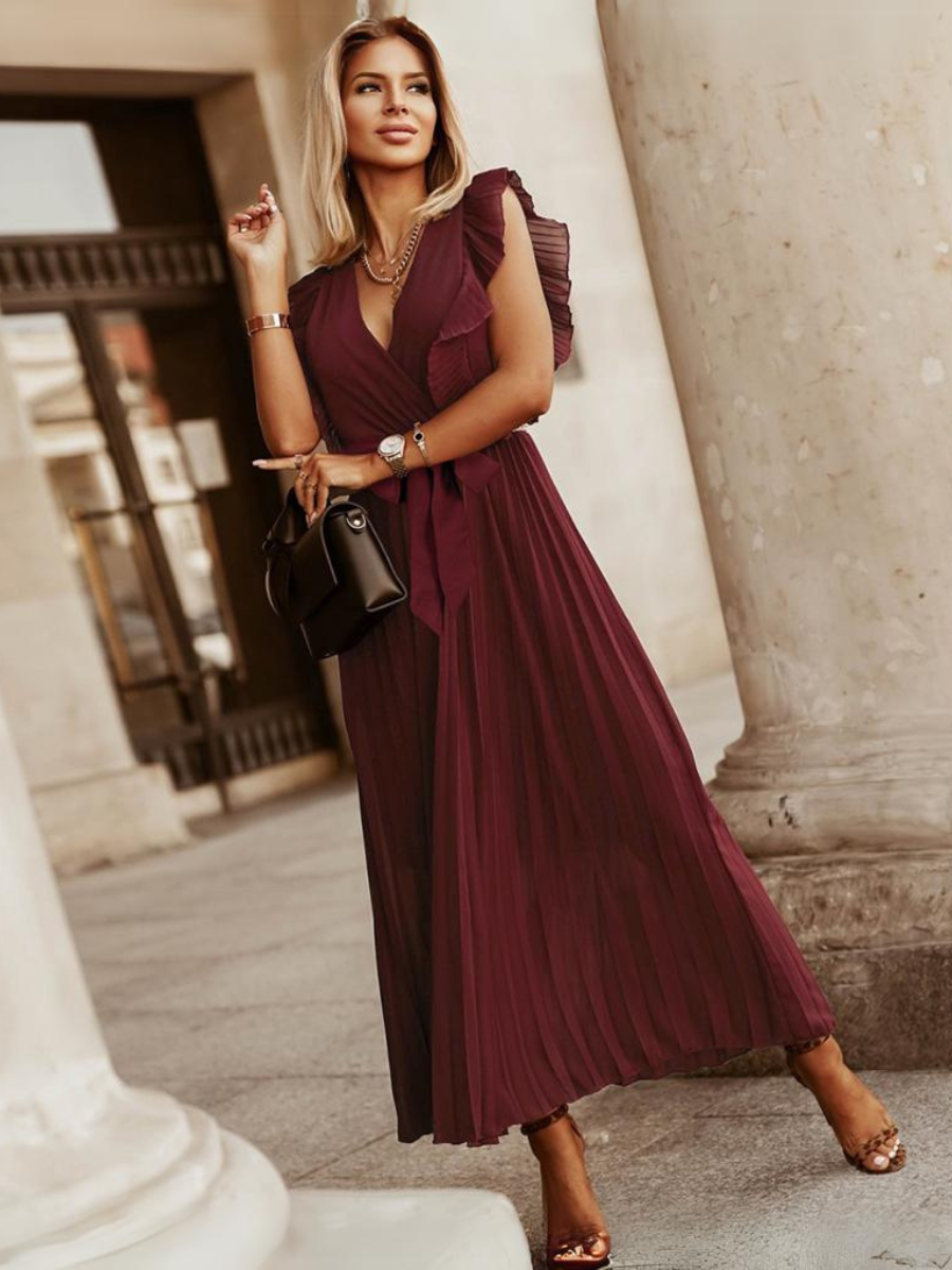 Elisha Plisse Ruffle Shoulder Midi Dress - Burgundy