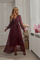 LEANDRA FRONT SPLIT SHIMMER MAXI DRESS - BURGUNDY