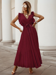 Elisha Plisse Ruffle Shoulder Midi Dress - Burgundy