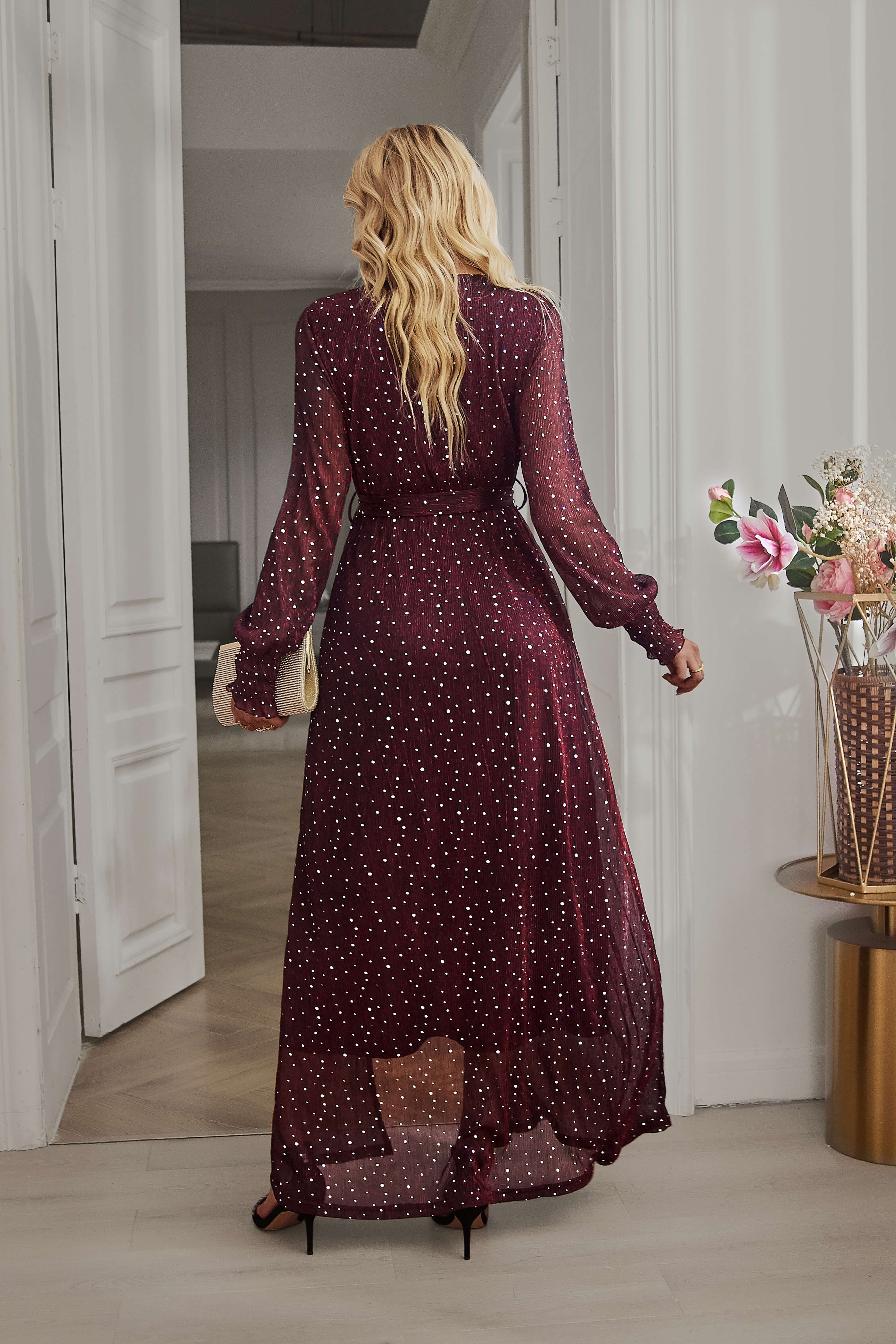 LEANDRA FRONT SPLIT SHIMMER MAXI DRESS - BURGUNDY