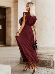 Elisha Plisse Ruffle Shoulder Midi Dress - Burgundy