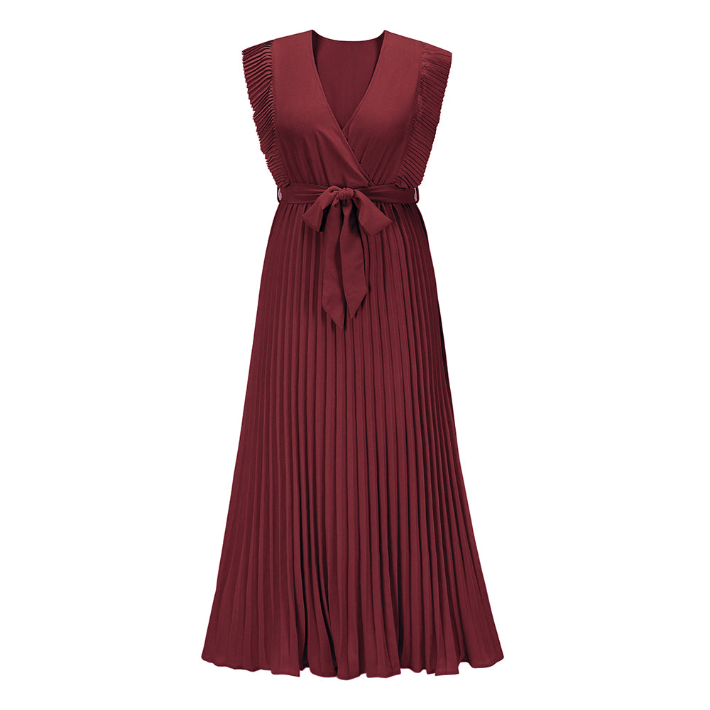 Elisha Plisse Ruffle Shoulder Midi Dress - Burgundy