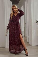 LEANDRA FRONT SPLIT SHIMMER MAXI DRESS - BURGUNDY