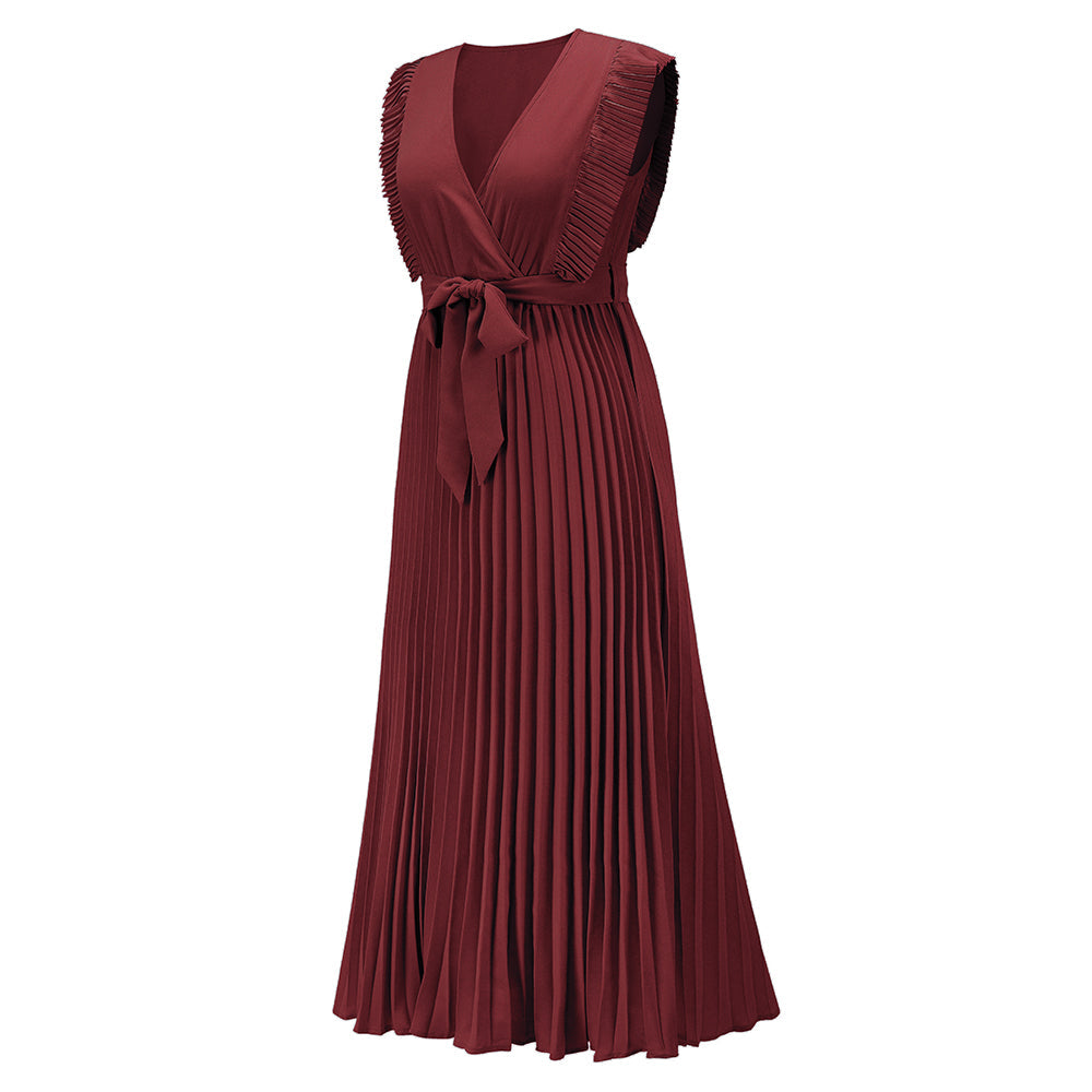 Elisha Plisse Ruffle Shoulder Midi Dress - Burgundy