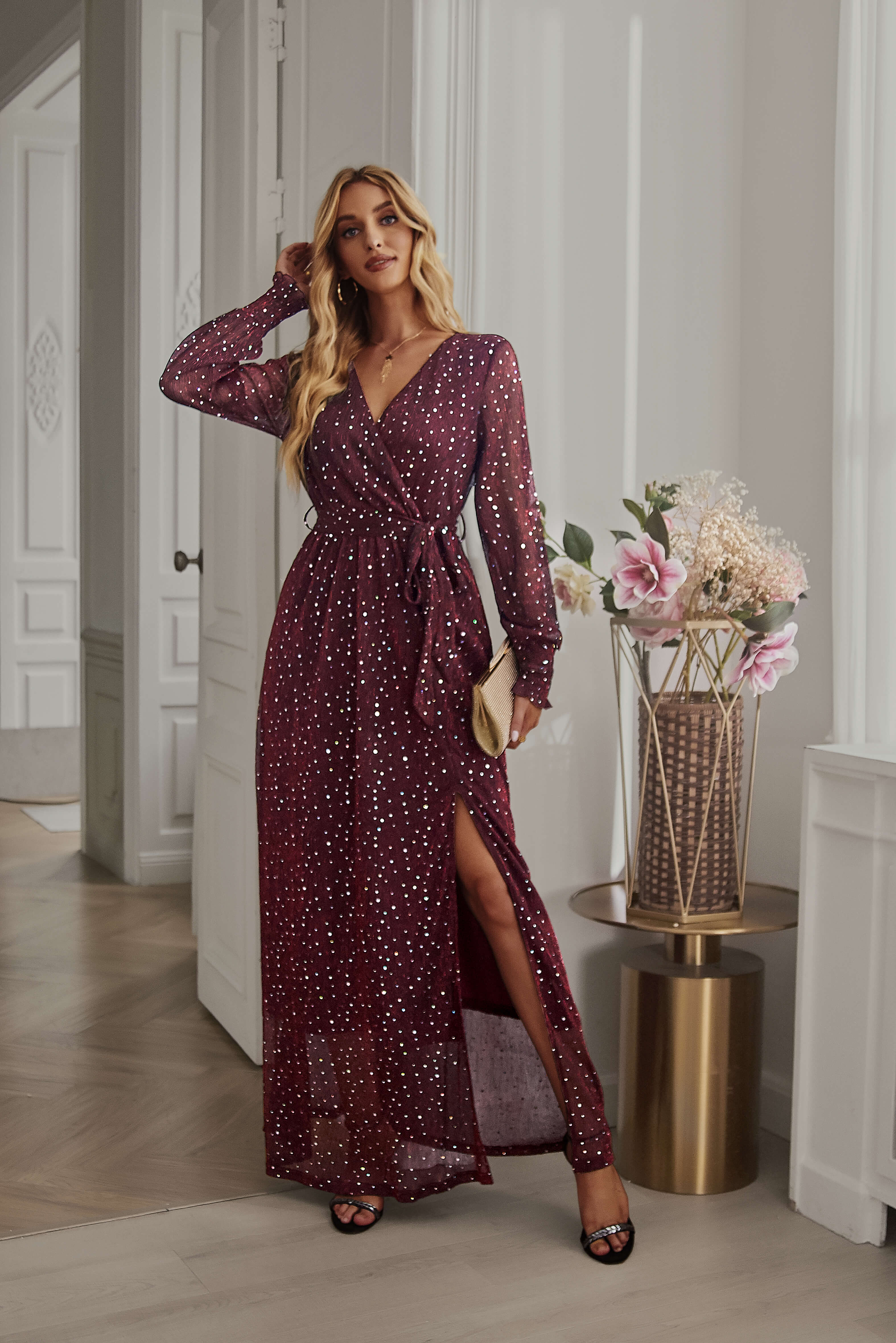 LEANDRA FRONT SPLIT SHIMMER MAXI DRESS - BURGUNDY