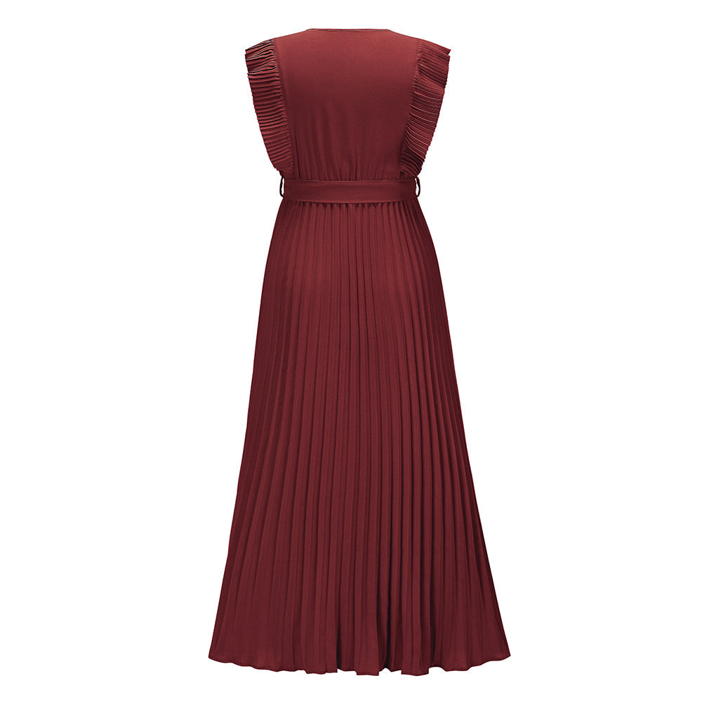 Elisha Plisse Ruffle Shoulder Midi Dress - Burgundy