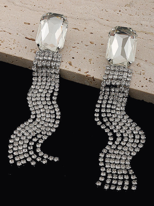 Rhine Stones Tasseled Drop Earrings