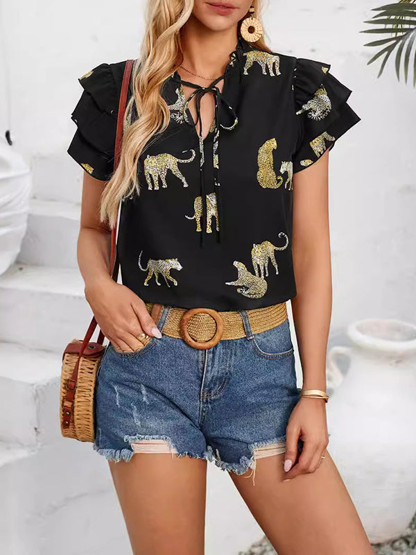 Loose Ruffle Sleeves Animal Printed Layered Pleated Tied V-Neck T-Shirts Tops