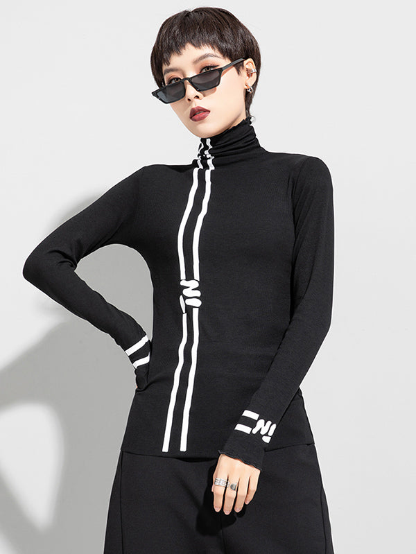 Black Printed High-Neck Long Sleeve T-Shirt