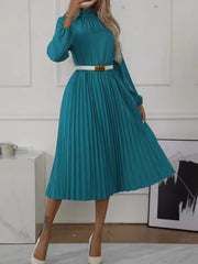 Long Sleeves Loose Buttoned Elasticity Hollow No Belt Pleated Solid Color High Neck Midi Dresses