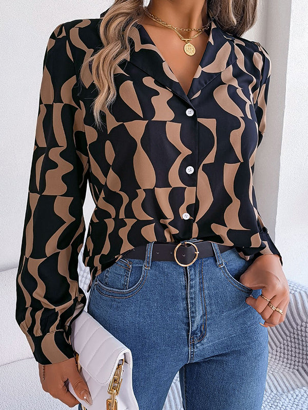 Long Sleeves Buttoned Contrast Color Notched Collar Blouses&Shirts Tops