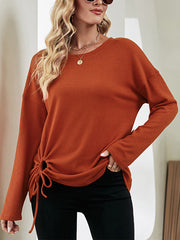 Long Sleeves Loose Asymmetric Drawstring Hollow Solid Color Round-Neck T-Shirts Tops