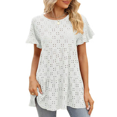 Loose Fit Crew Neck Cute Ruffle Sleeve Casual Tee Blouse