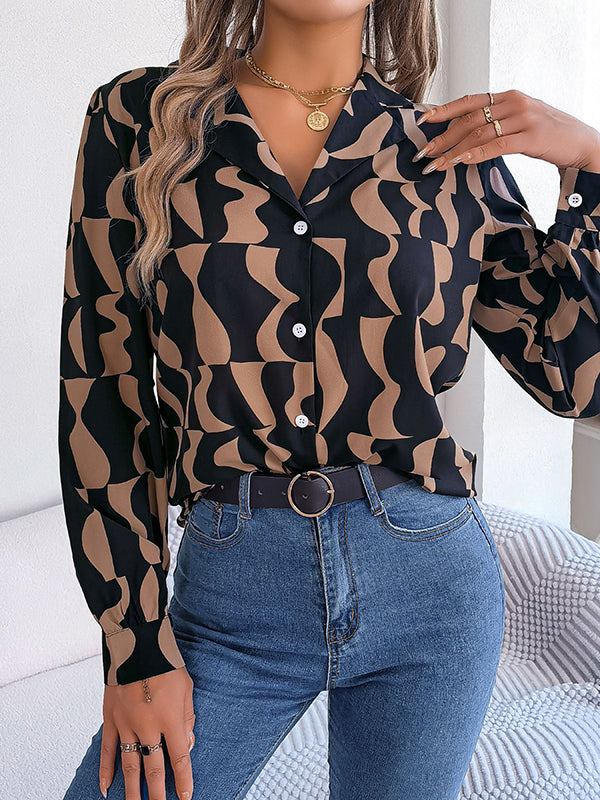 Long Sleeves Buttoned Contrast Color Notched Collar Blouses&Shirts Tops