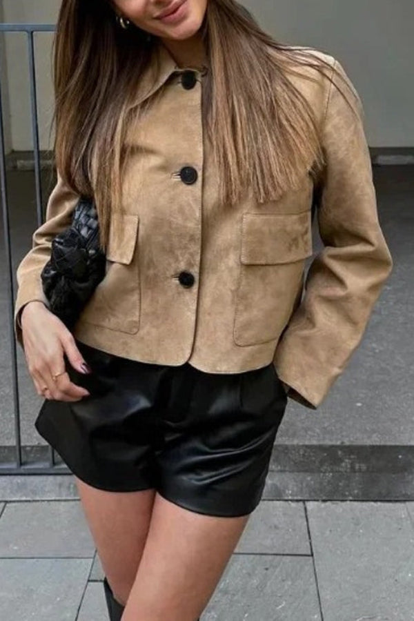 Lapel Button Up Pocketed Faux Suede Crop Jacket